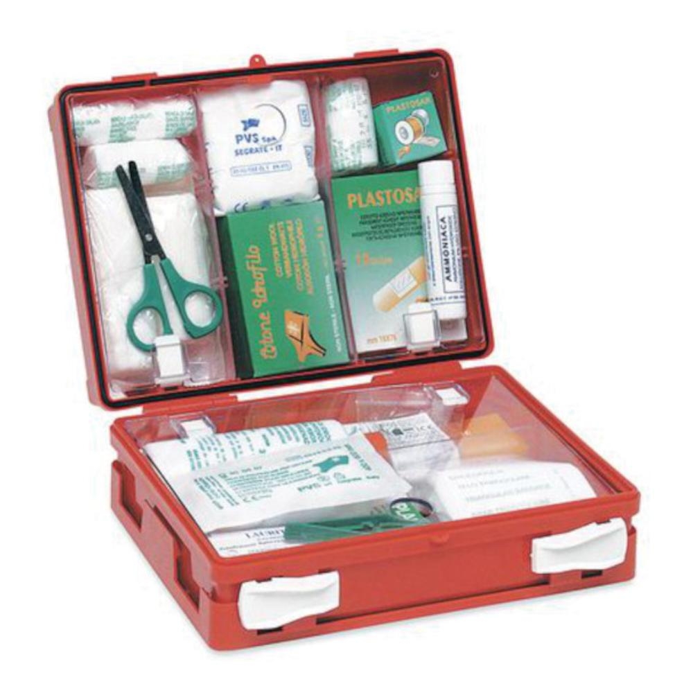 CASSETTA PRONTO SOCCORSO FAMILY PER CAMPEGGIO, BRICOLAGE, CASA E UFFICIO. CONTENITORE IN ABS ANTIURTO CON SUPPORTO PER IL FISSAGGIO ALLA PARETE