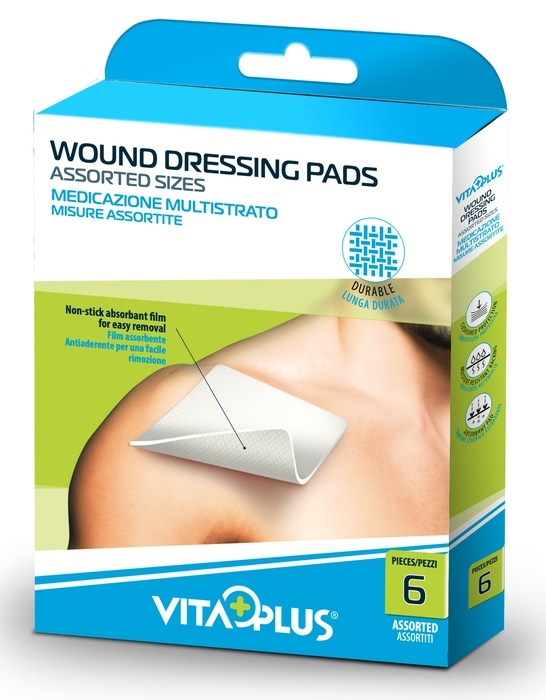 VITAPLUS PISPO GARZA MULTISTRATO PER MEDICAZIONE 10X10 CM 2 PEZZI + 7,5X5 CM 2 PEZZI + 5X5 CM 2 PEZZI