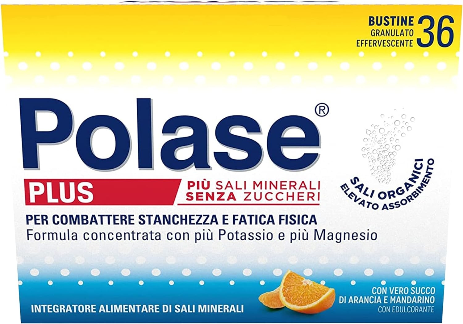 Polase Plus Integratore alimentare di Potassio e Magnesio Senza Zuccheri Gusto Arancia e Mandarino, 36 Bustine
