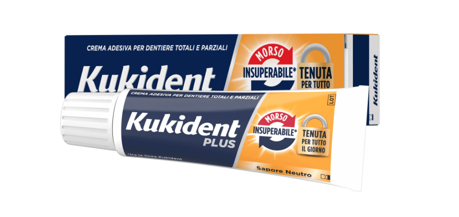 Kukident Plus Doppia Azione Crema Adesiva per Dentiere Totali e Parziali, 40g