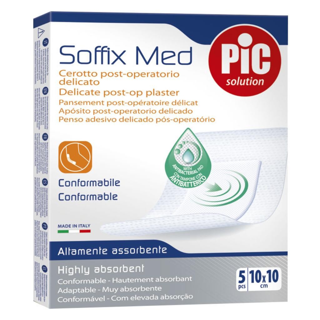 CEROTTO PIC SOFFIX MED IN TNT CON TAMPONE CENTRALE ASSORBENTE STERILE MONOUSO 10X10 CM ANTIBATTERICO 5 PEZZI